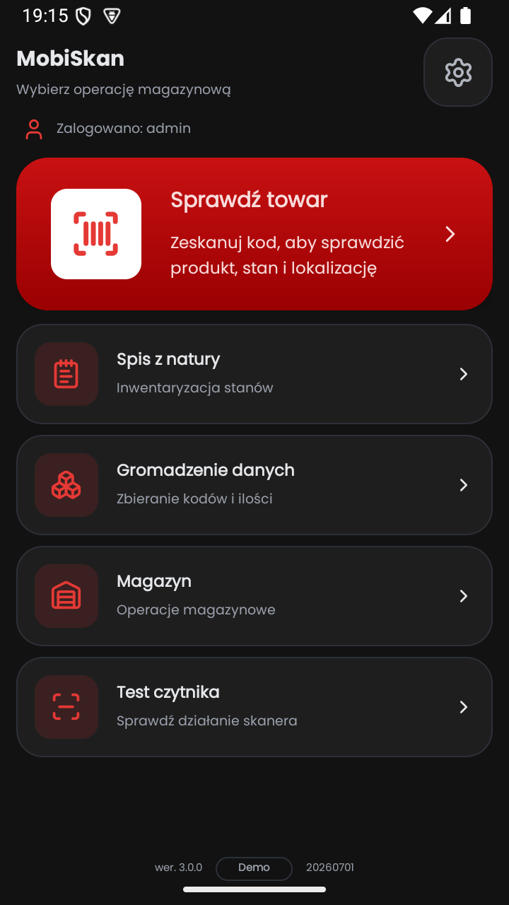 MobiSkan Kolektor – ekran główny (tryb ciemny)