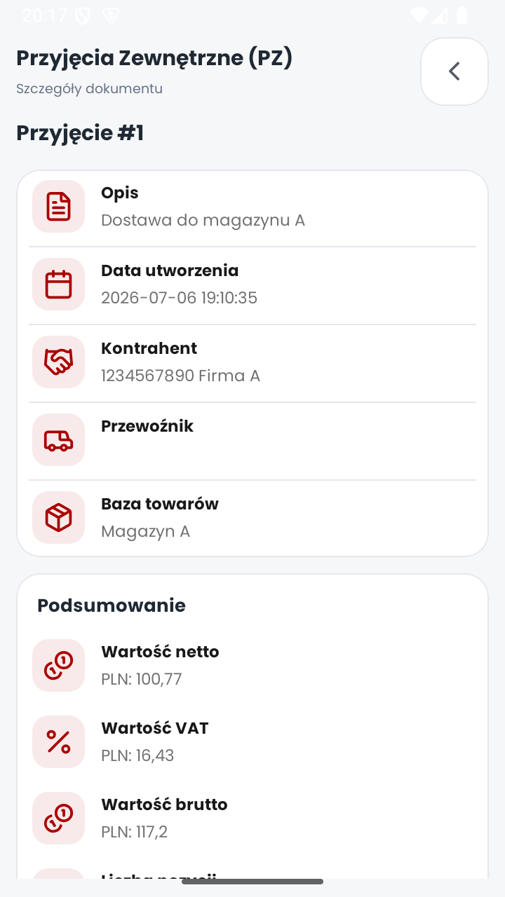 MobiSkan Kolektor – dokument przyjęcia