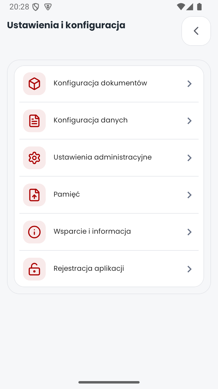 Ekran główny ustawień aplikacji MobiSkan Kolektor