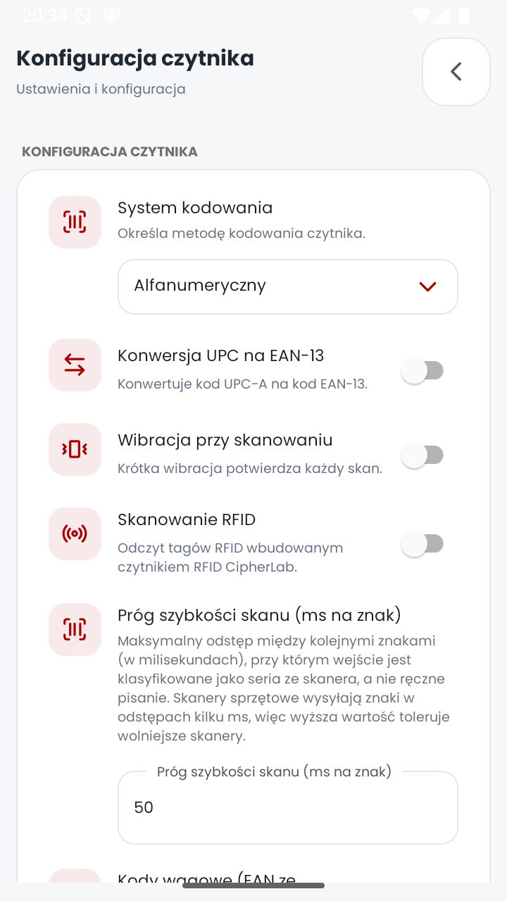 MobiSkan Kolektor – ustawienia skanera