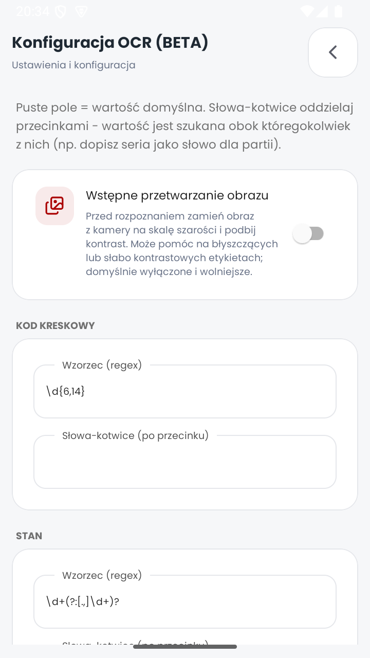 MobiSkan Kolektor – ustawienia OCR