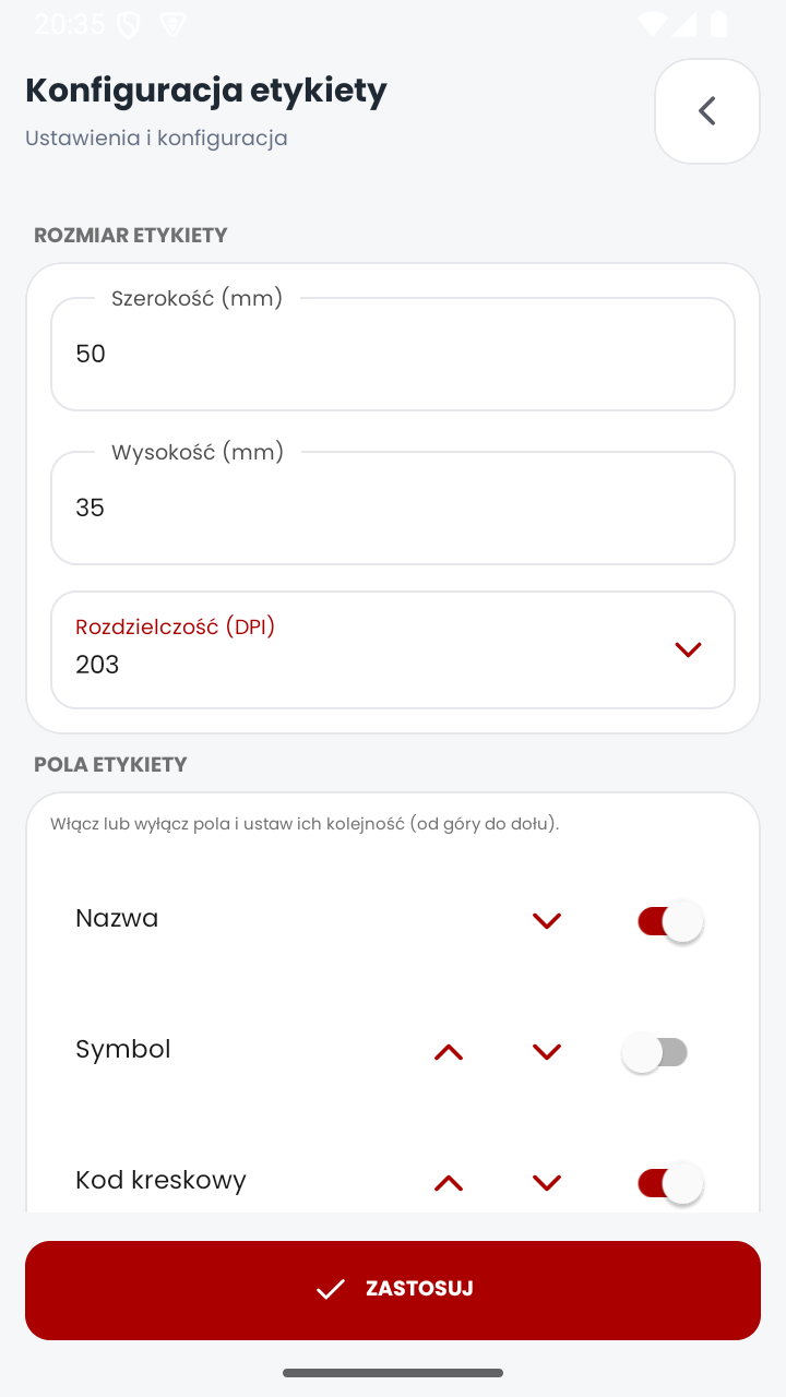 Ustawienia etykiet do druku w aplikacji MobiSkan Kolektor