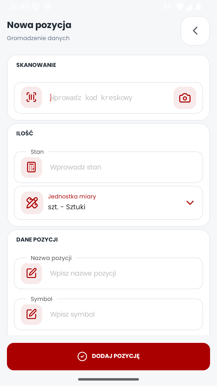 Formularz dodawania pozycji w module gromadzenia danych aplikacji MobiSkan Kolektor
