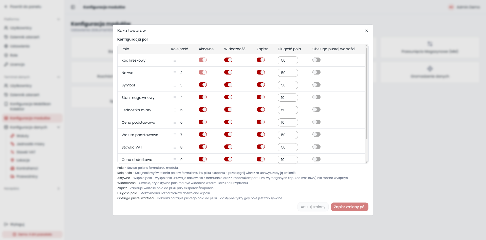 MobiSkan WMS – konfiguracja pól