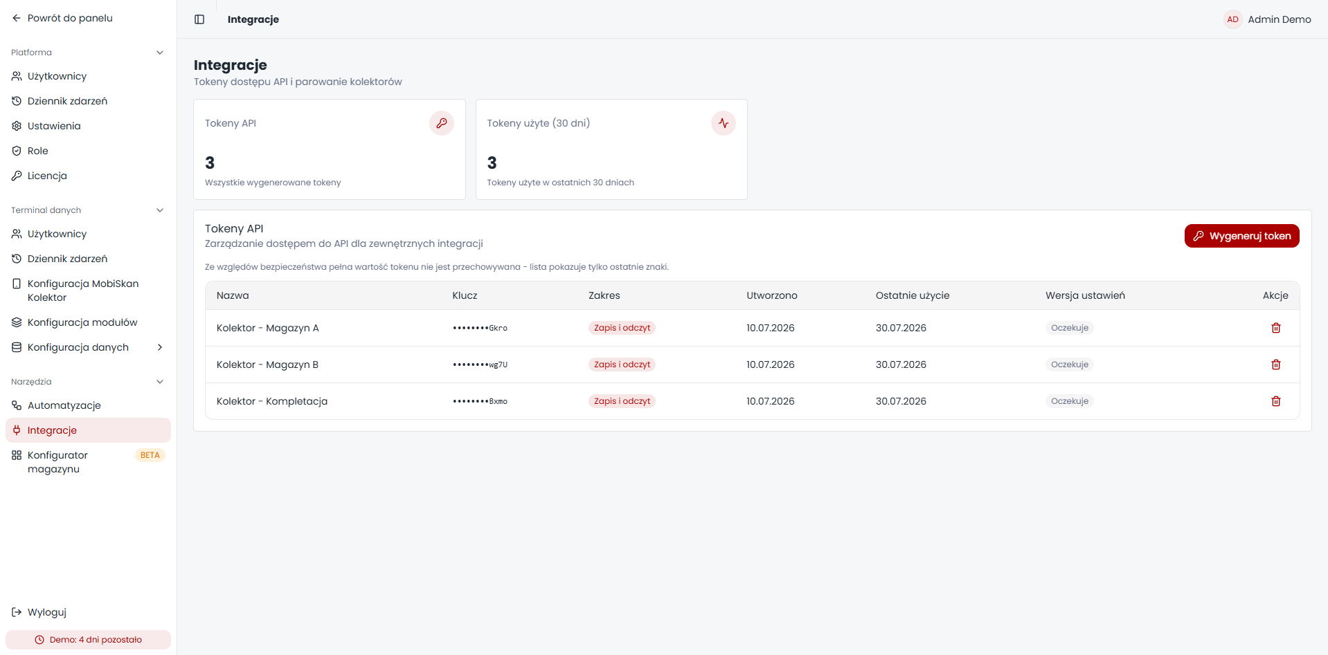 MobiSkan WMS – zarządzanie tokenami API